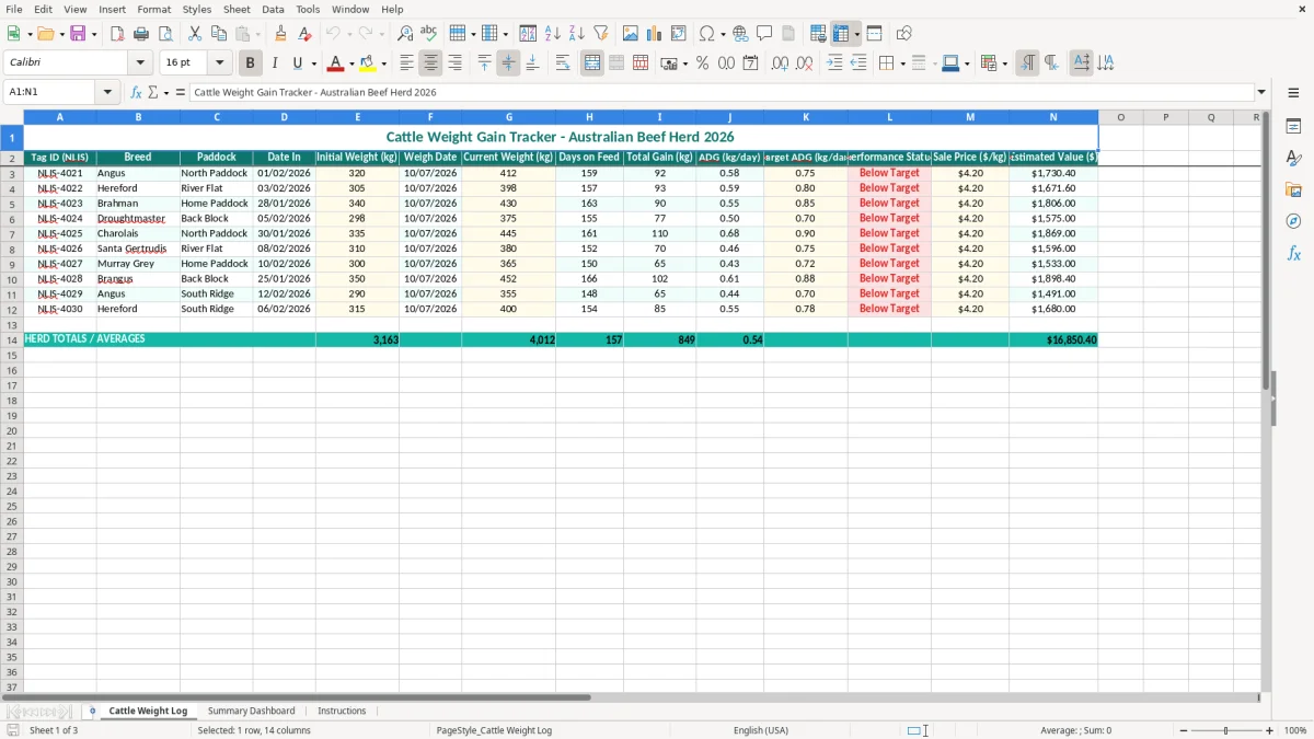 Screenshot 1: Cattle Weight Log tab - Excel template cattle weight gain tracker excel template australia
