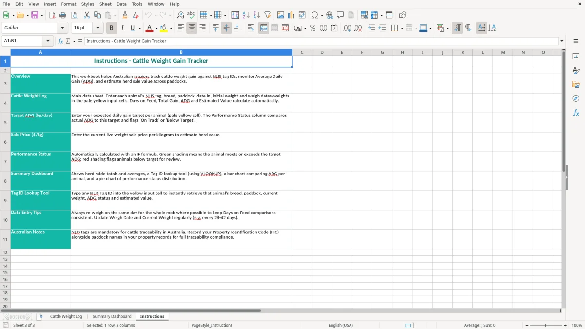 Screenshot 3: Instructions tab - Excel template cattle weight gain tracker excel template australia