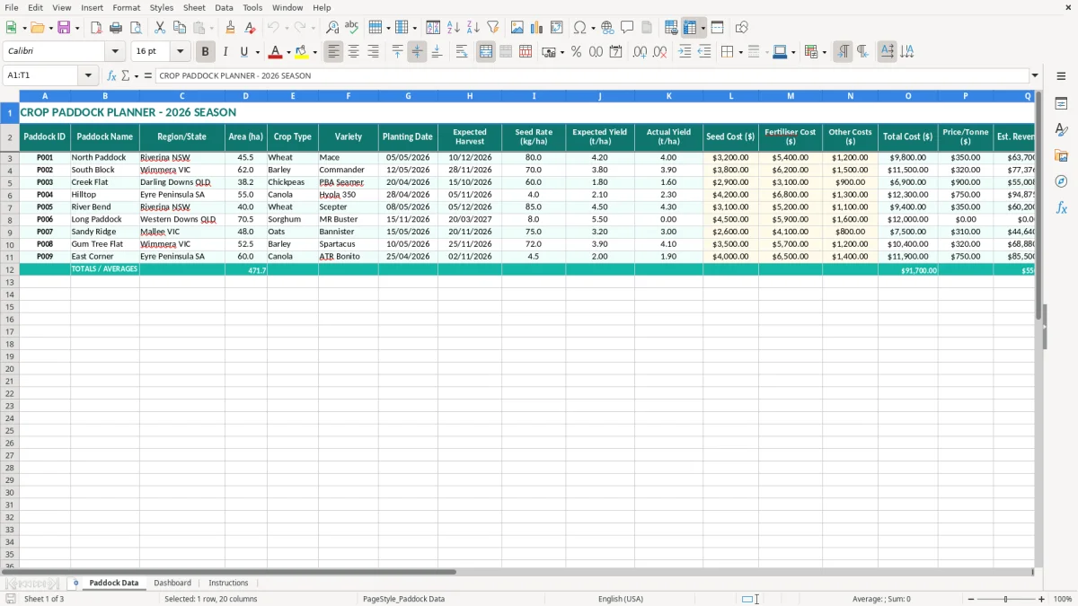 Screenshot 1: Paddock Data tab - Excel template crop paddock planner excel template australia