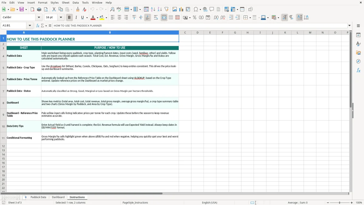 Screenshot 3: Instructions tab - Excel template crop paddock planner excel template australia