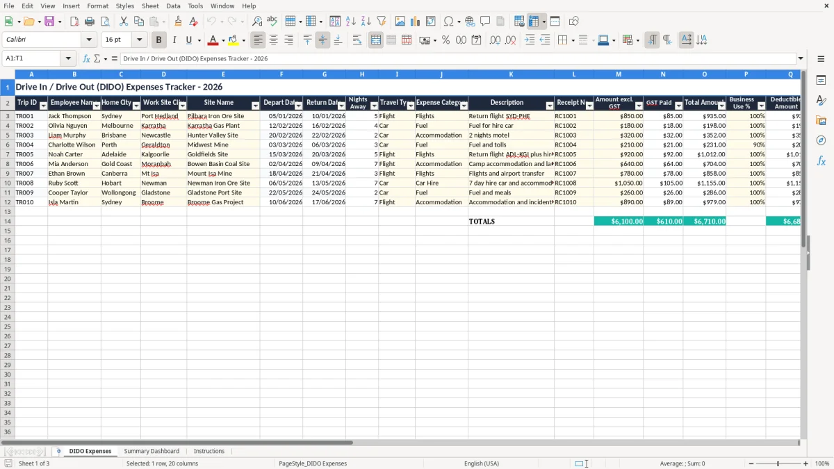 Screenshot 1: DIDO Expenses tab - Excel template drive in drive out expenses excel template australia