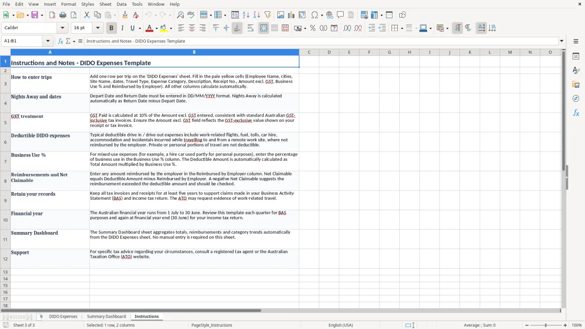 Screenshot 3: Instructions tab - Excel template drive in drive out expenses excel template australia