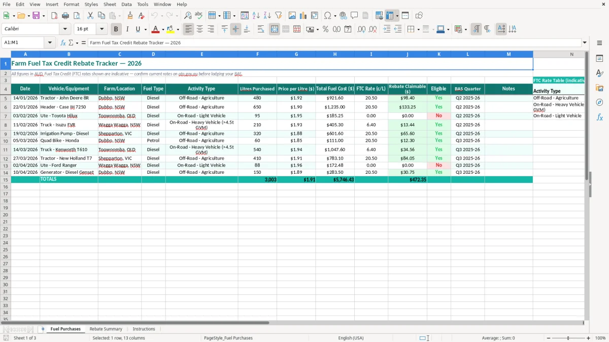 Screenshot 1: Fuel Purchases tab - Excel template farm fuel rebate excel template australia