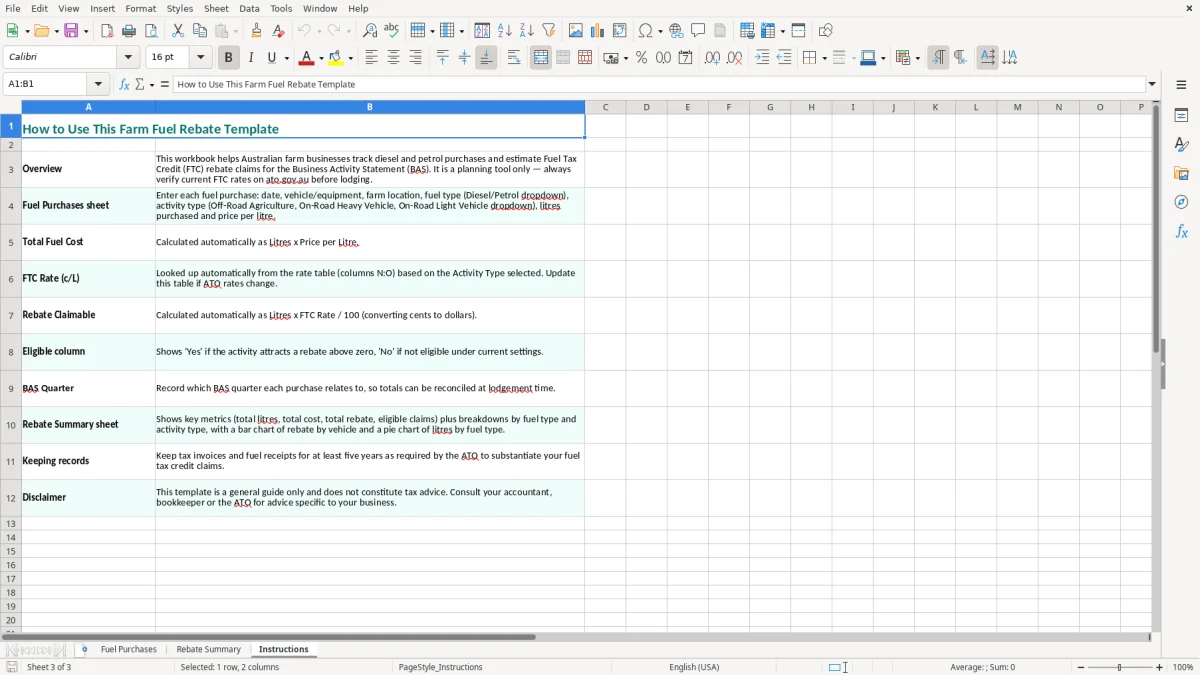 Screenshot 3: Instructions tab - Excel template farm fuel rebate excel template australia