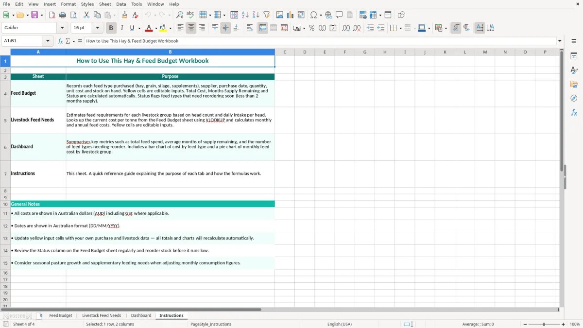 Screenshot 4: Instructions tab - Excel template hay and feed budget excel spreadsheet australia