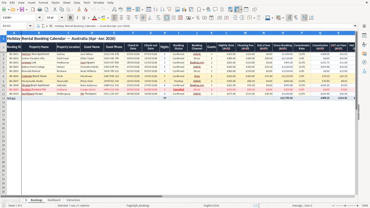 Screenshot 1: Bookings tab - Excel template holiday rental booking calendar excel spreadsheet australia