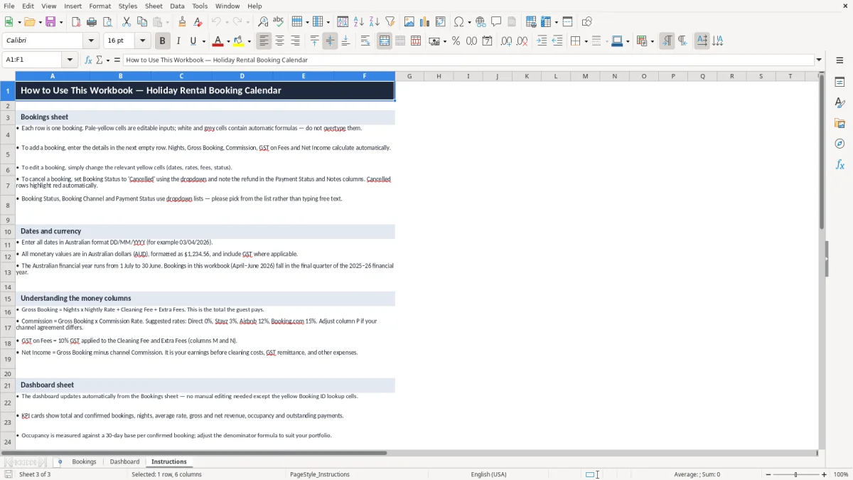 Screenshot 3: Instructions tab - Excel template holiday rental booking calendar excel spreadsheet australia