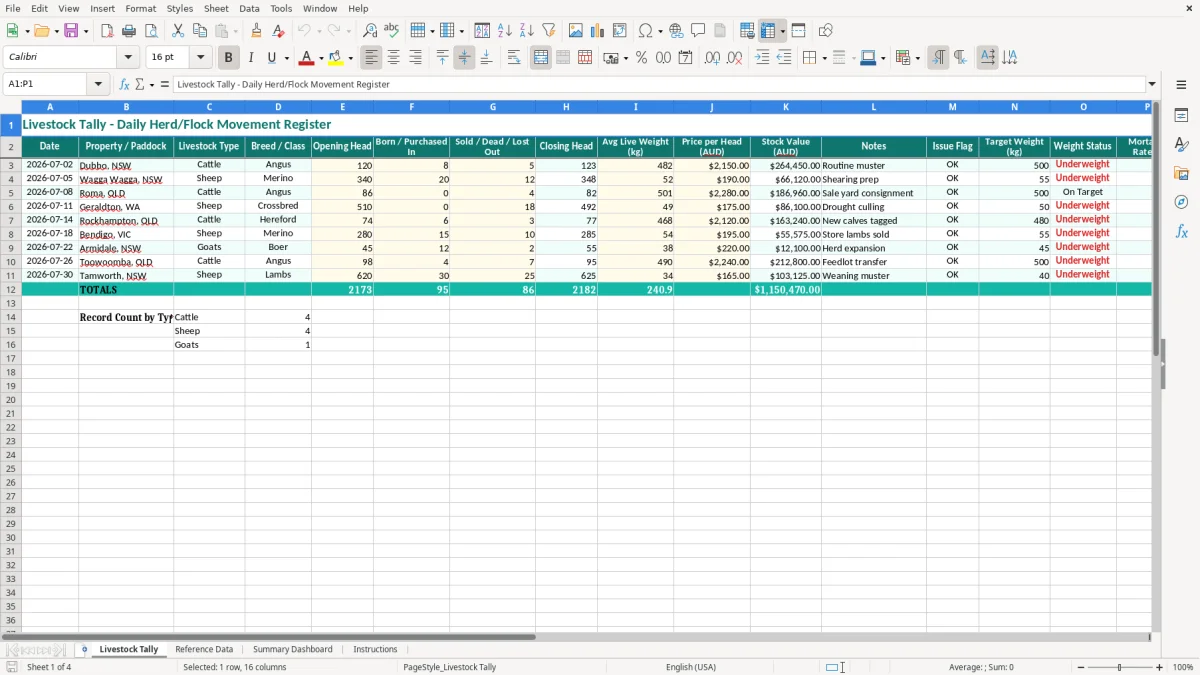 Screenshot 1: Livestock Tally tab - Excel template livestock tally excel spreadsheet australia