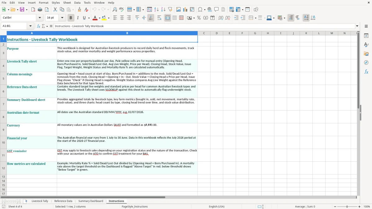 Screenshot 4: Instructions tab - Excel template livestock tally excel spreadsheet australia