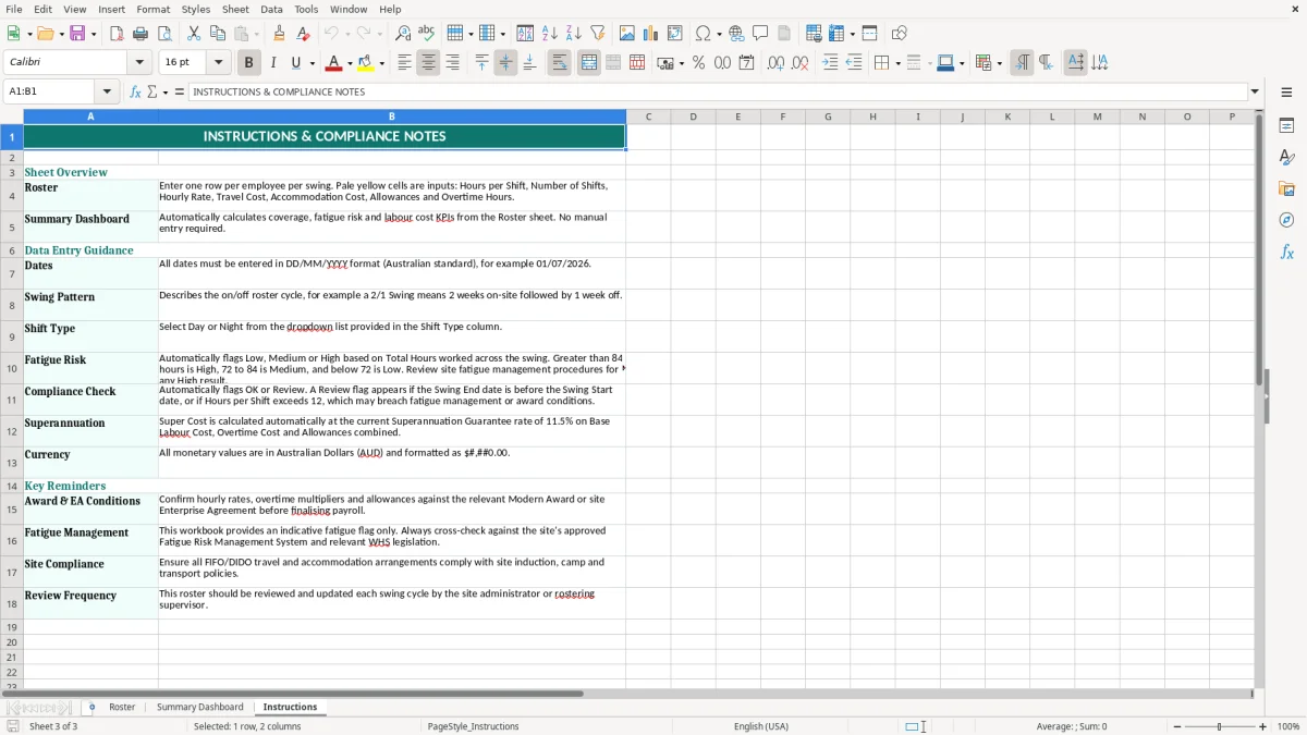 Screenshot 3: Instructions tab - Excel template mining site swing roster excel spreadsheet australia