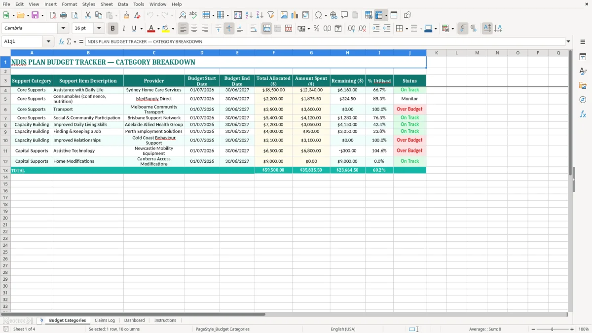 Screenshot 1: Budget Categories tab - Excel template ndis plan budget tracker excel spreadsheet australia
