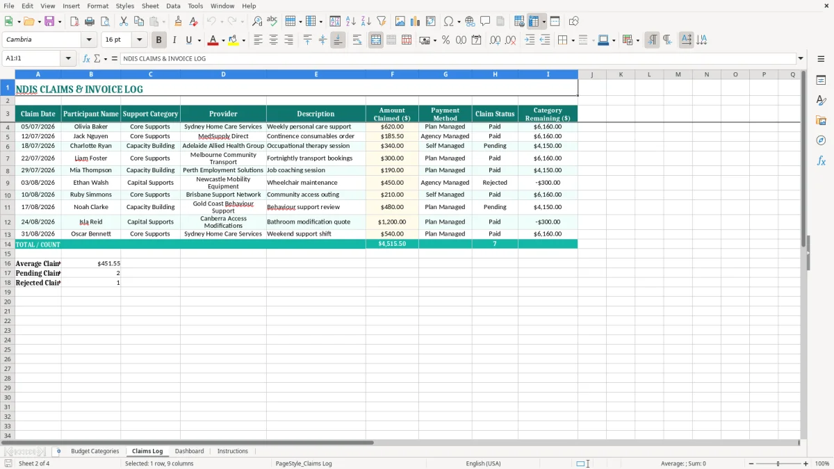 Screenshot 2: Claims Log tab - Excel template ndis plan budget tracker excel spreadsheet australia