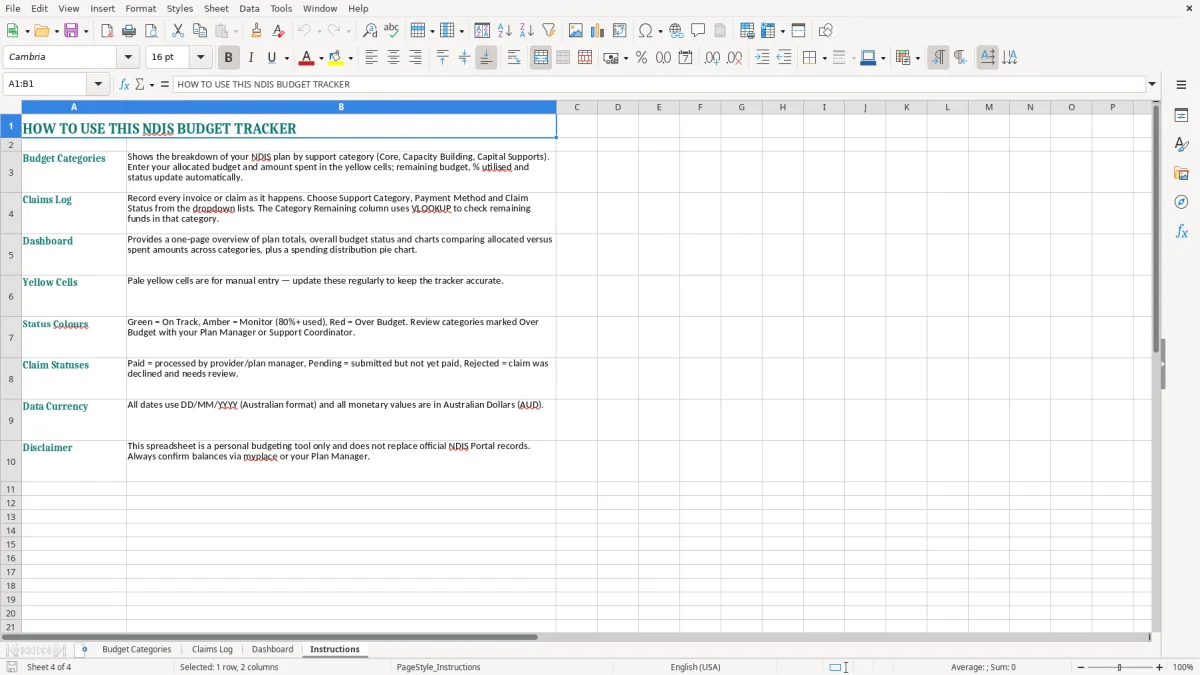Screenshot 4: Instructions tab - Excel template ndis plan budget tracker excel spreadsheet australia