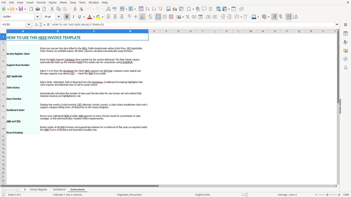 Screenshot 3: Instructions tab - Excel template ndis provider invoice excel template australia