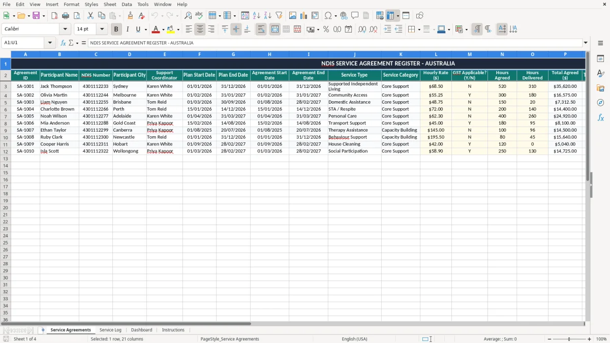 Screenshot 1: Service Agreements tab - Excel template ndis service agreement excel template australia