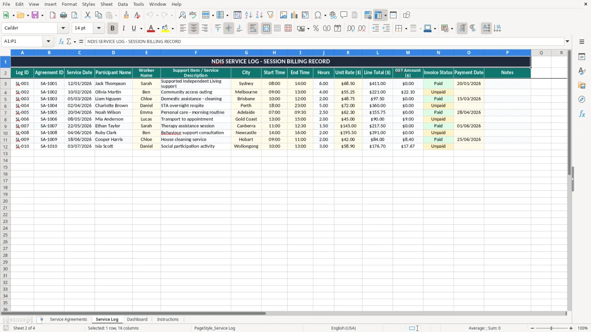 Screenshot 2: Service Log tab - Excel template ndis service agreement excel template australia