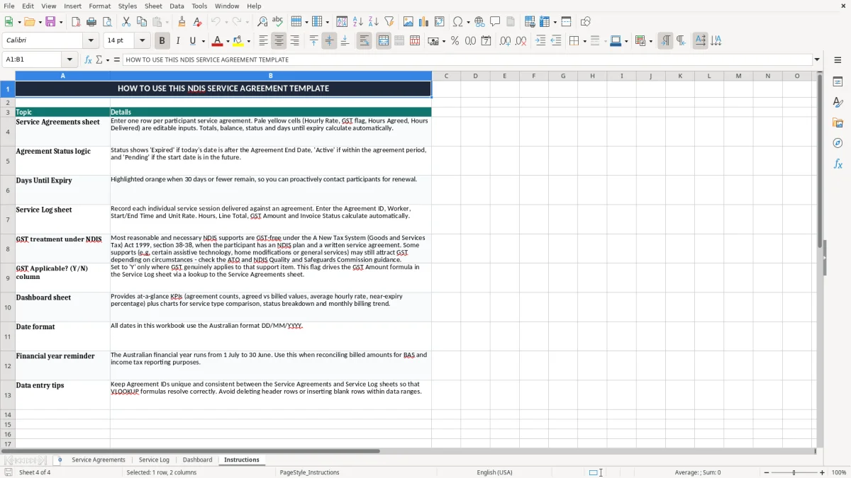 Screenshot 4: Instructions tab - Excel template ndis service agreement excel template australia