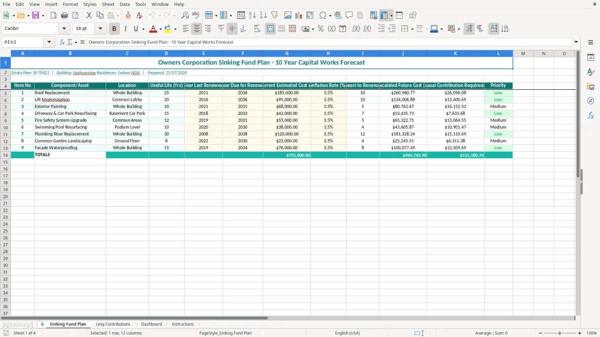 Screenshot 1: Sinking Fund Plan tab - Excel template owners corporation sinking fund excel template australia