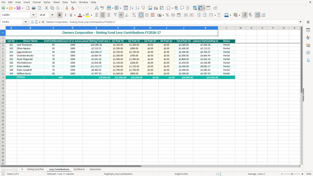 Screenshot 2: Levy Contributions tab - Excel template owners corporation sinking fund excel template australia