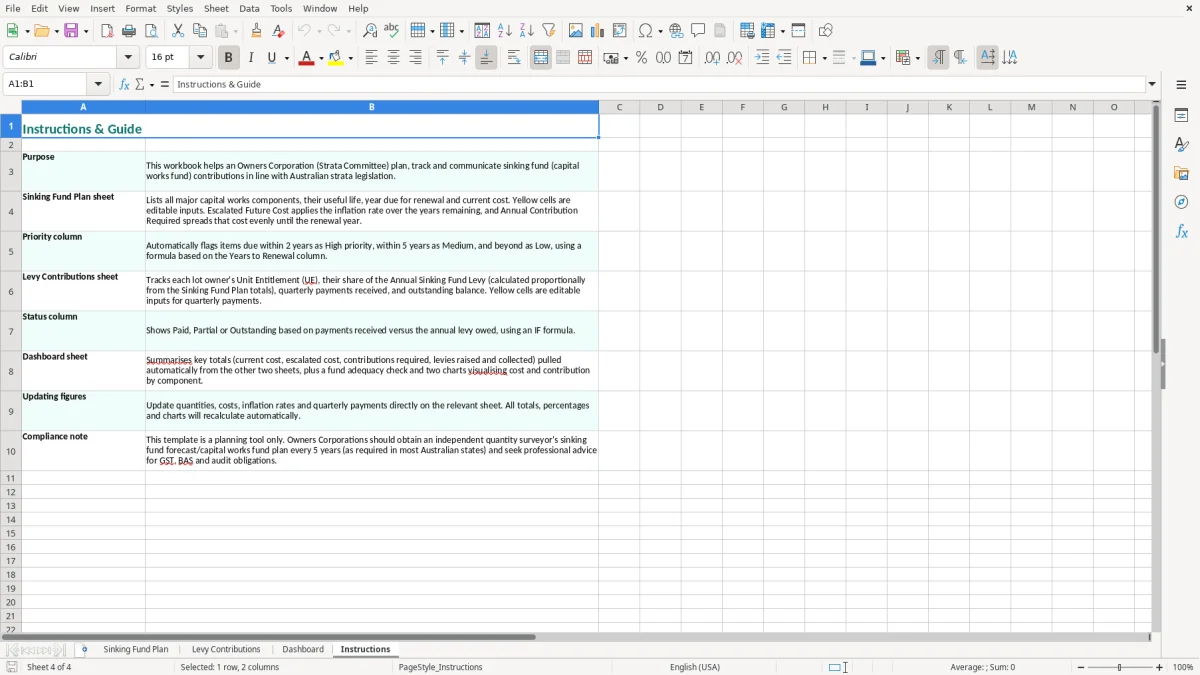 Screenshot 4: Instructions tab - Excel template owners corporation sinking fund excel template australia