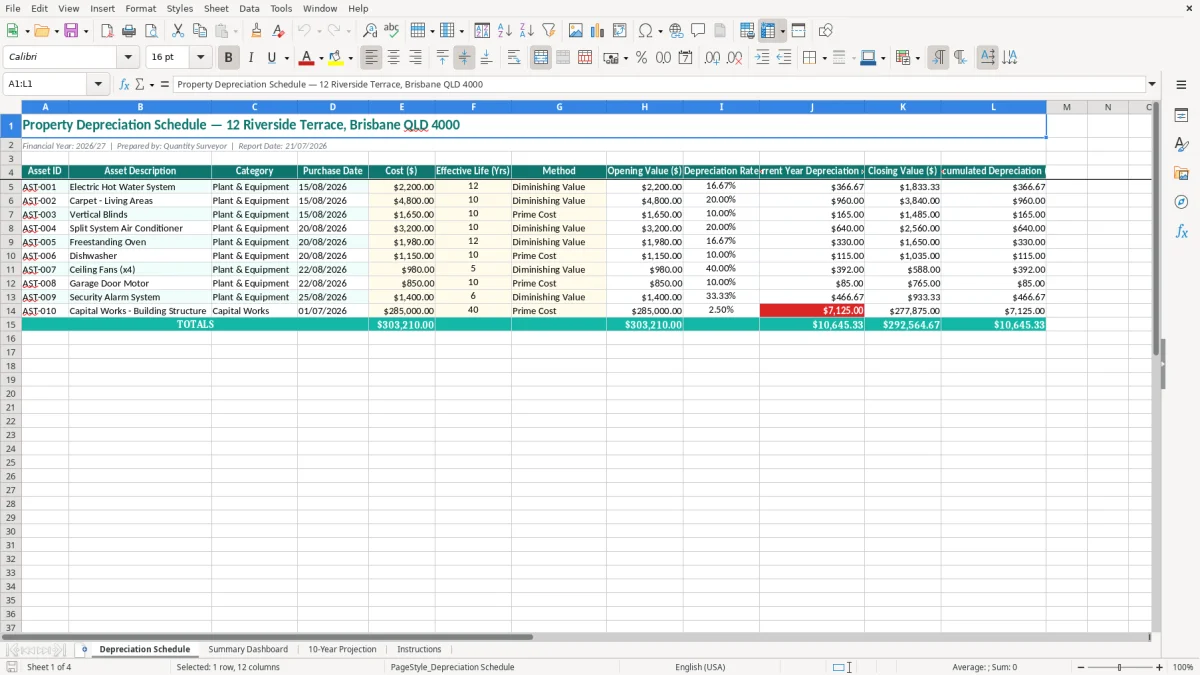 Screenshot 1: Depreciation Schedule tab - Excel template property depreciation schedule excel spreadsheet australia