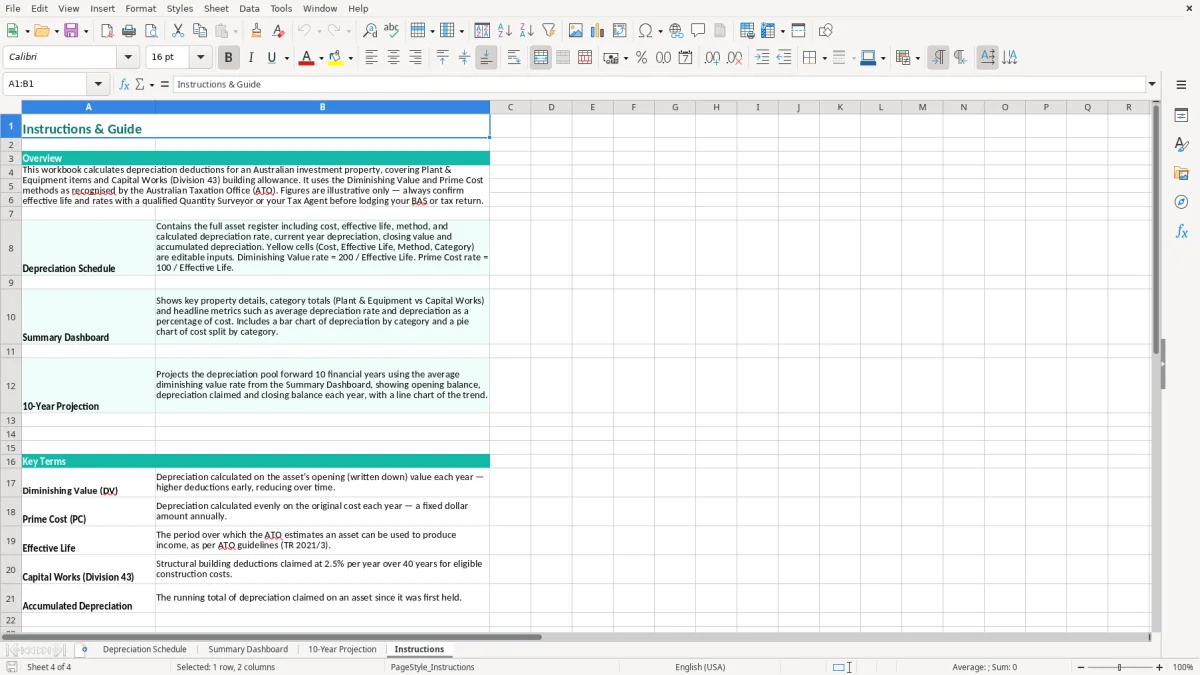 Screenshot 4: Instructions tab - Excel template property depreciation schedule excel spreadsheet australia
