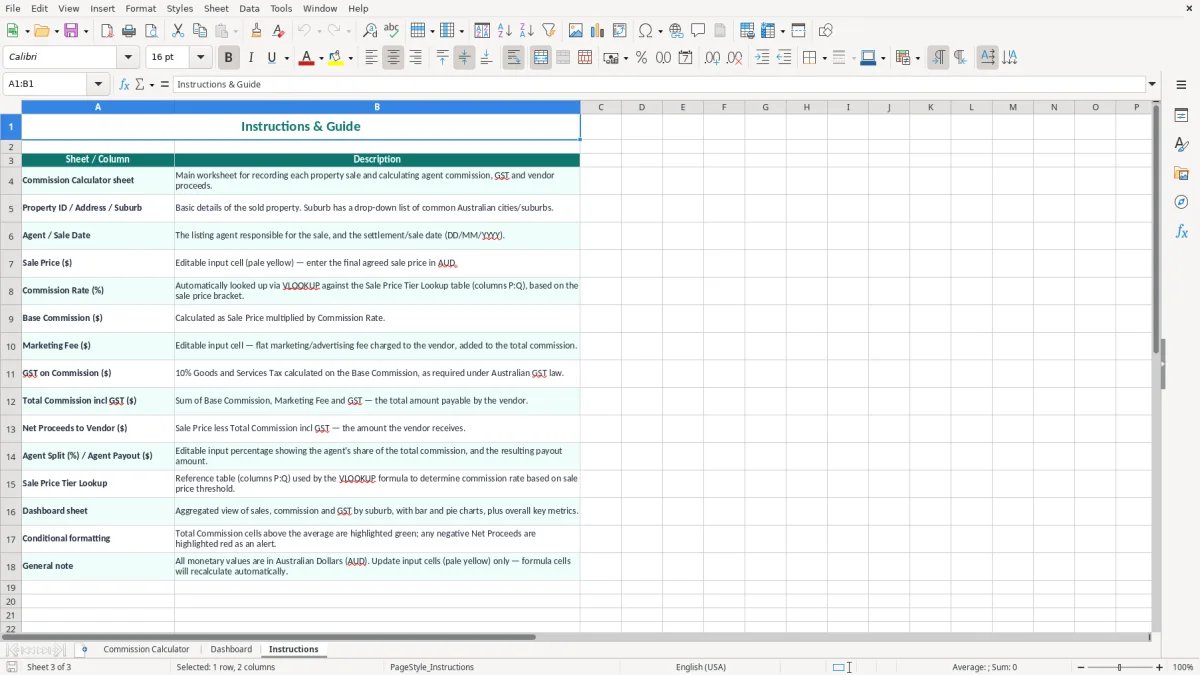 Screenshot 3: Instructions tab - Excel template real estate commission calculator excel template australia