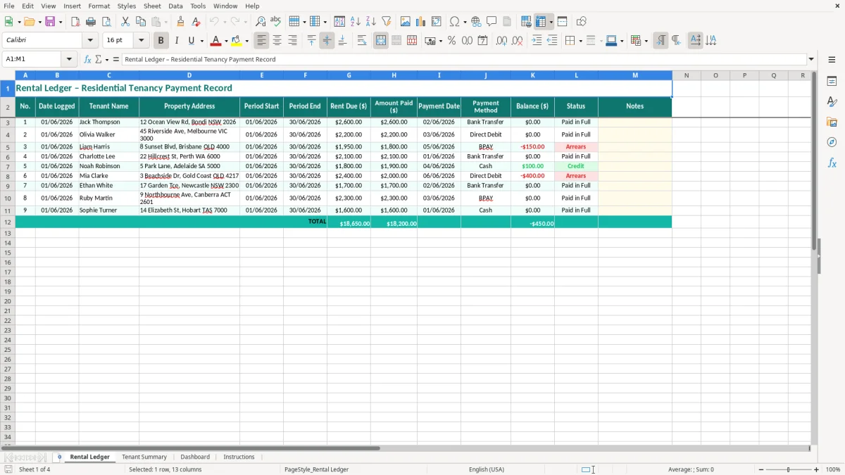 Screenshot 1: Rental Ledger tab - Excel template rental ledger excel template australia