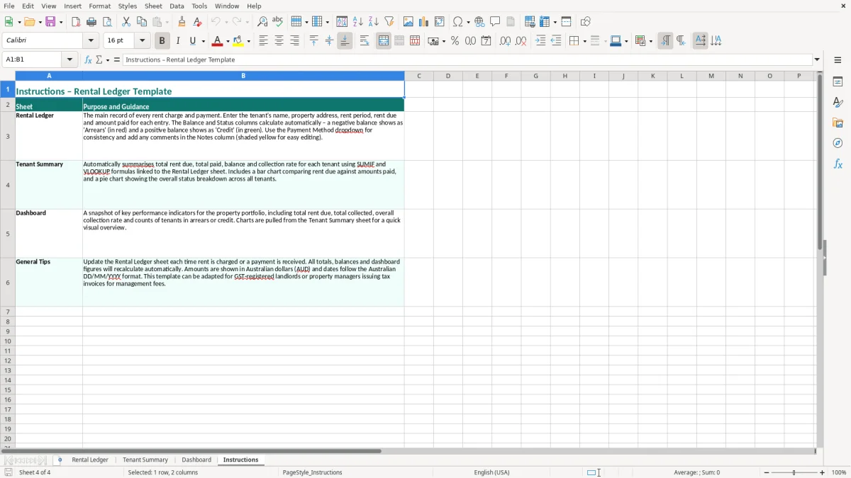 Screenshot 4: Instructions tab - Excel template rental ledger excel template australia
