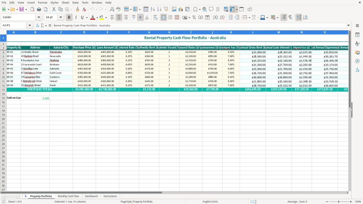 Screenshot 1: Property Portfolio tab - Excel template rental property cash flow excel spreadsheet australia