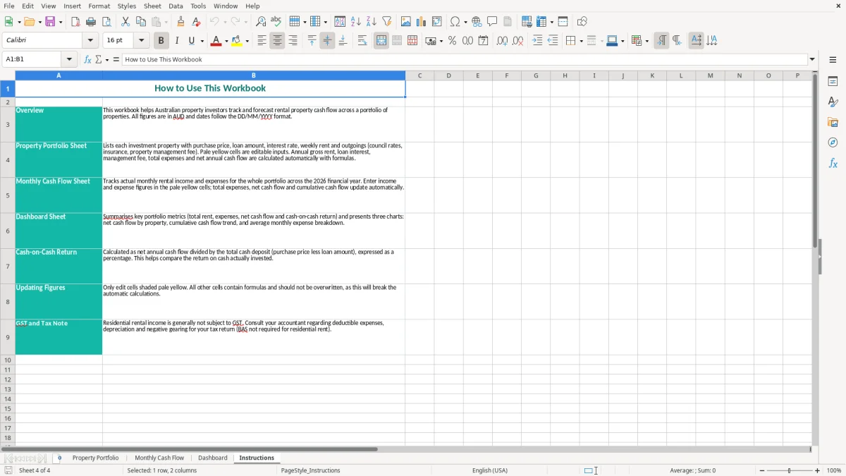 Screenshot 4: Instructions tab - Excel template rental property cash flow excel spreadsheet australia