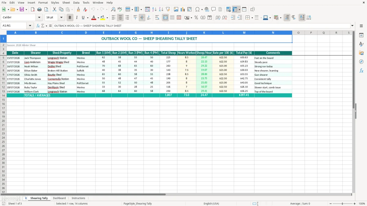 Screenshot 1: Shearing Tally tab - Excel template sheep shearing tally excel spreadsheet australia