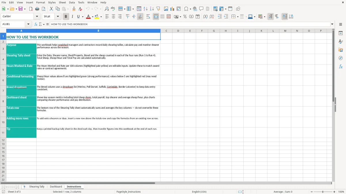 Screenshot 3: Instructions tab - Excel template sheep shearing tally excel spreadsheet australia