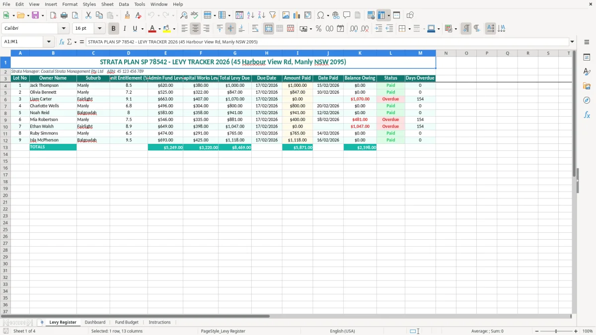 Screenshot 1: Levy Register tab - Excel template strata levy tracker excel template australia