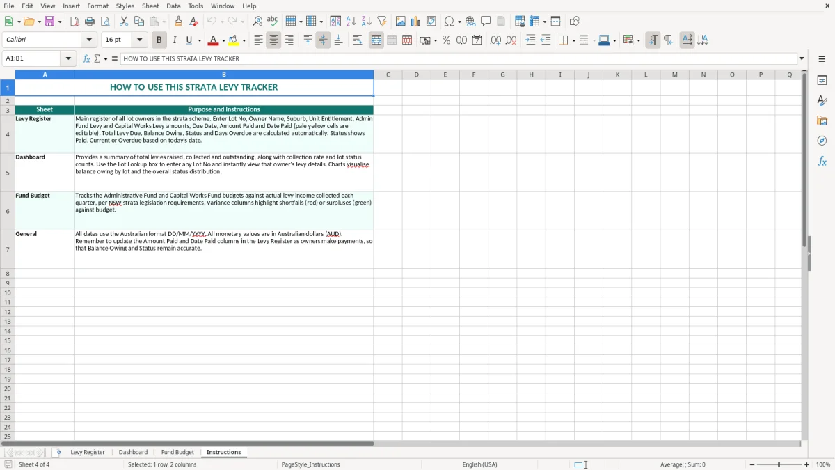 Screenshot 4: Instructions tab - Excel template strata levy tracker excel template australia