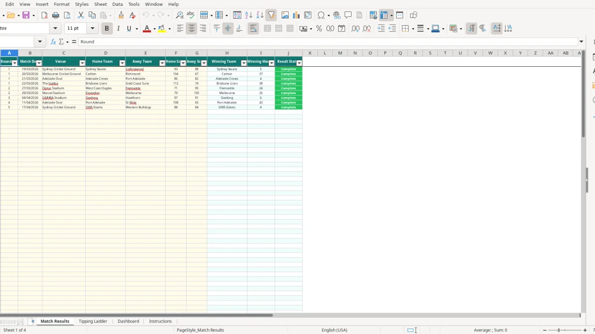 Screenshot 1: Match Results tab - Excel template afl tipping ladder excel spreadsheet australia