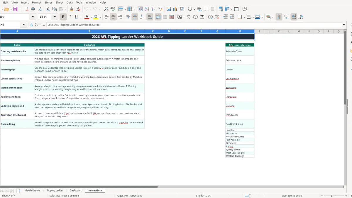 Screenshot 4: Instructions tab - Excel template afl tipping ladder excel spreadsheet australia