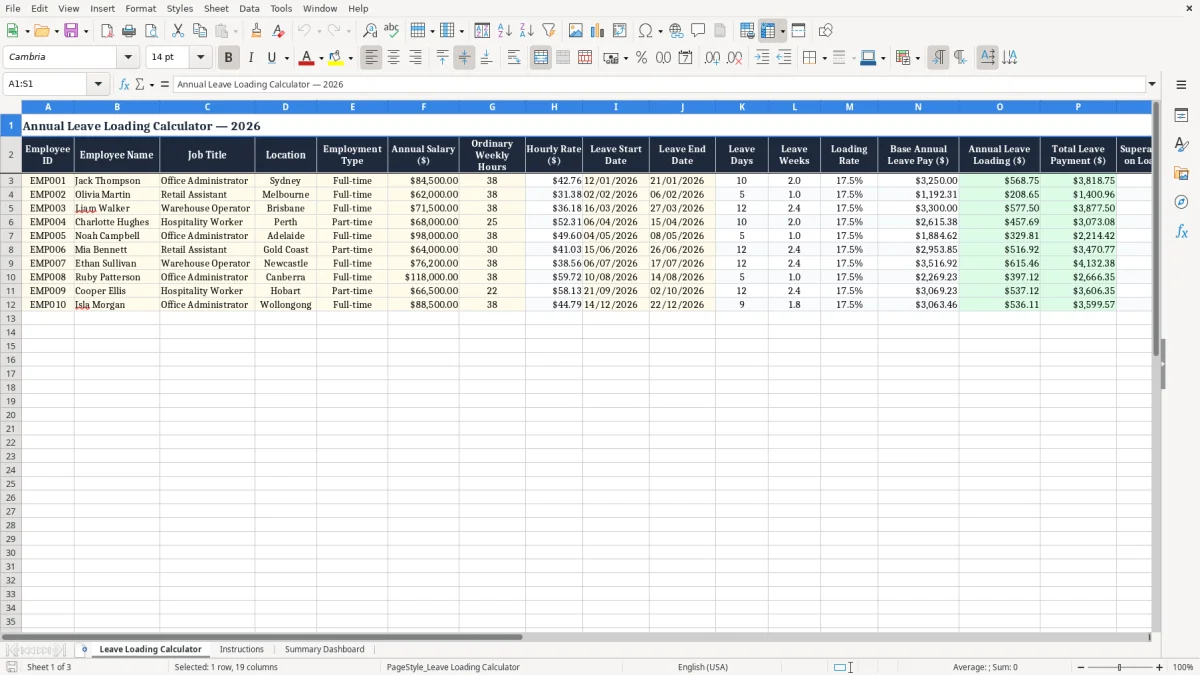 Screenshot 1: Leave Loading Calculator tab - Excel template annual leave loading excel template australia