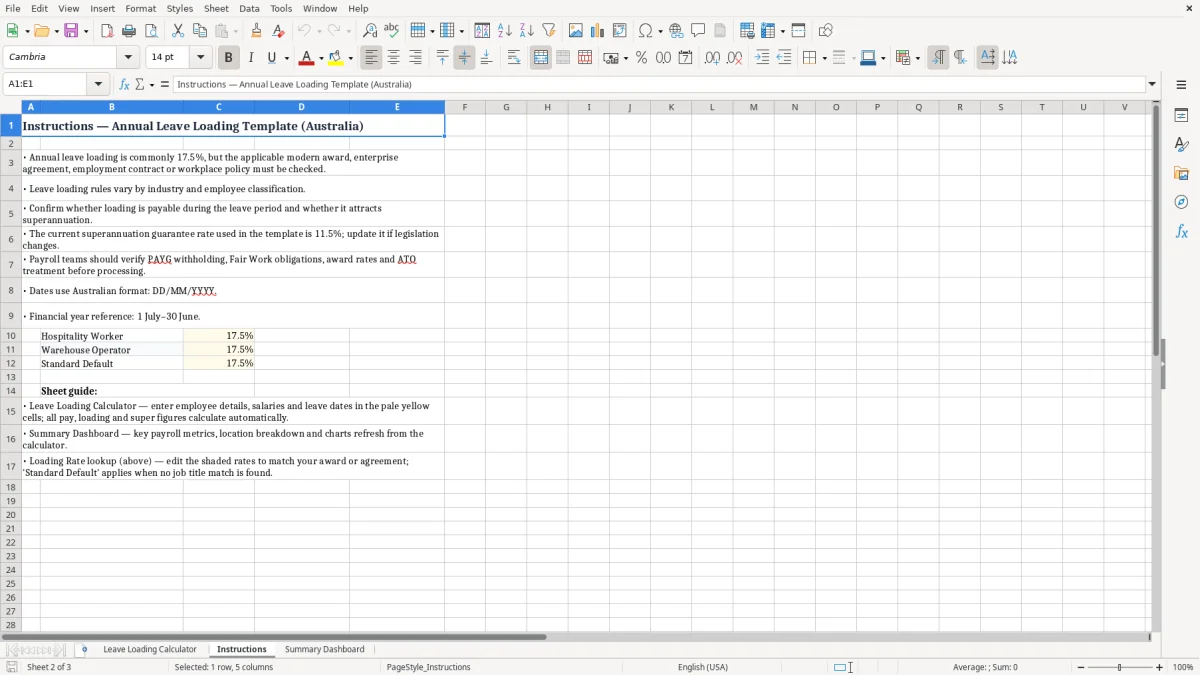 Screenshot 2: Instructions tab - Excel template annual leave loading excel template australia