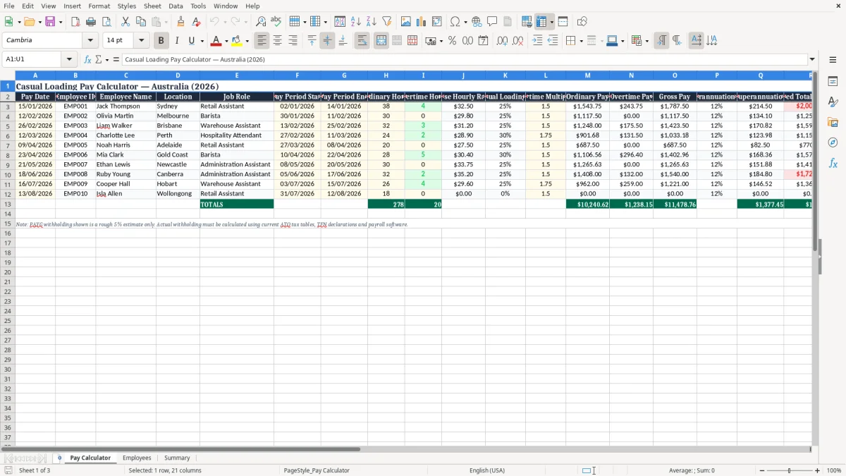 Screenshot 1: Pay Calculator tab - Excel template casual loading pay excel template australia