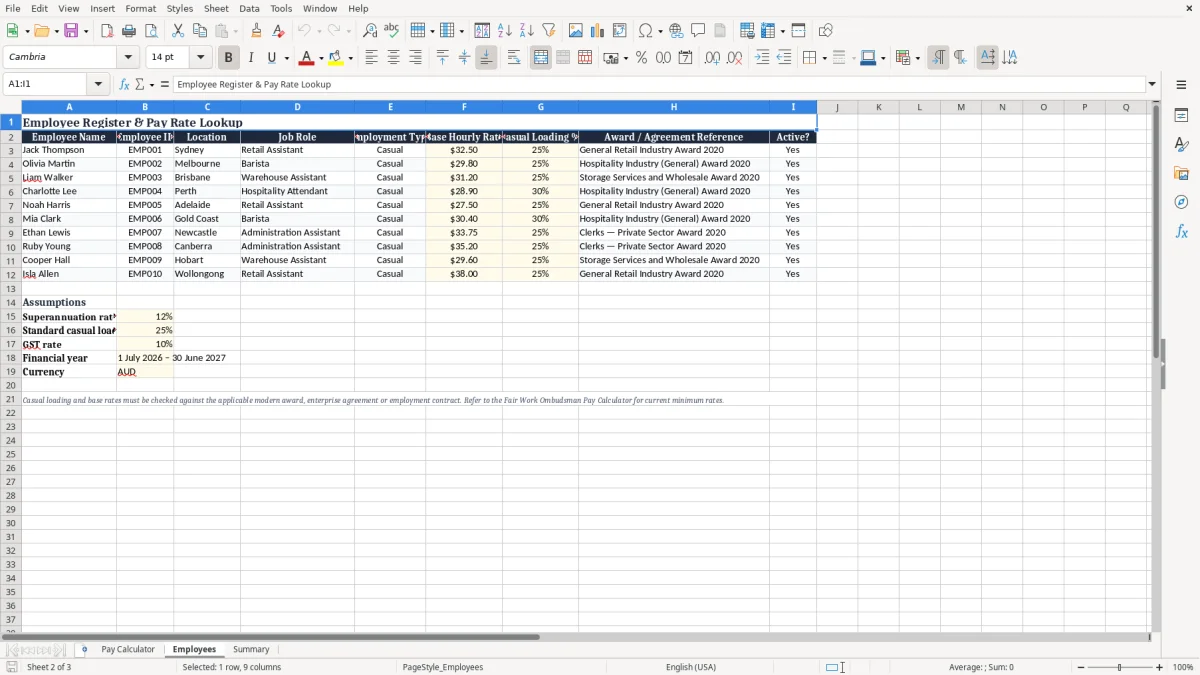 Screenshot 2: Employees tab - Excel template casual loading pay excel template australia