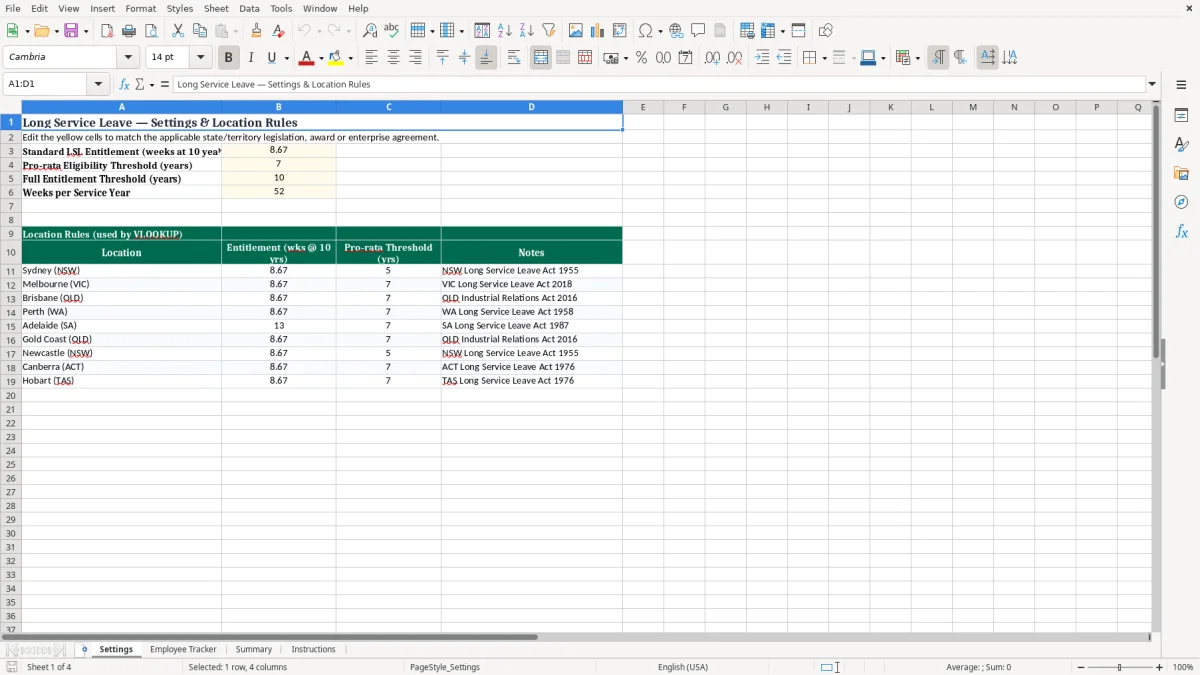 Screenshot 1: Settings tab - Excel template long service leave tracker excel spreadsheet australia