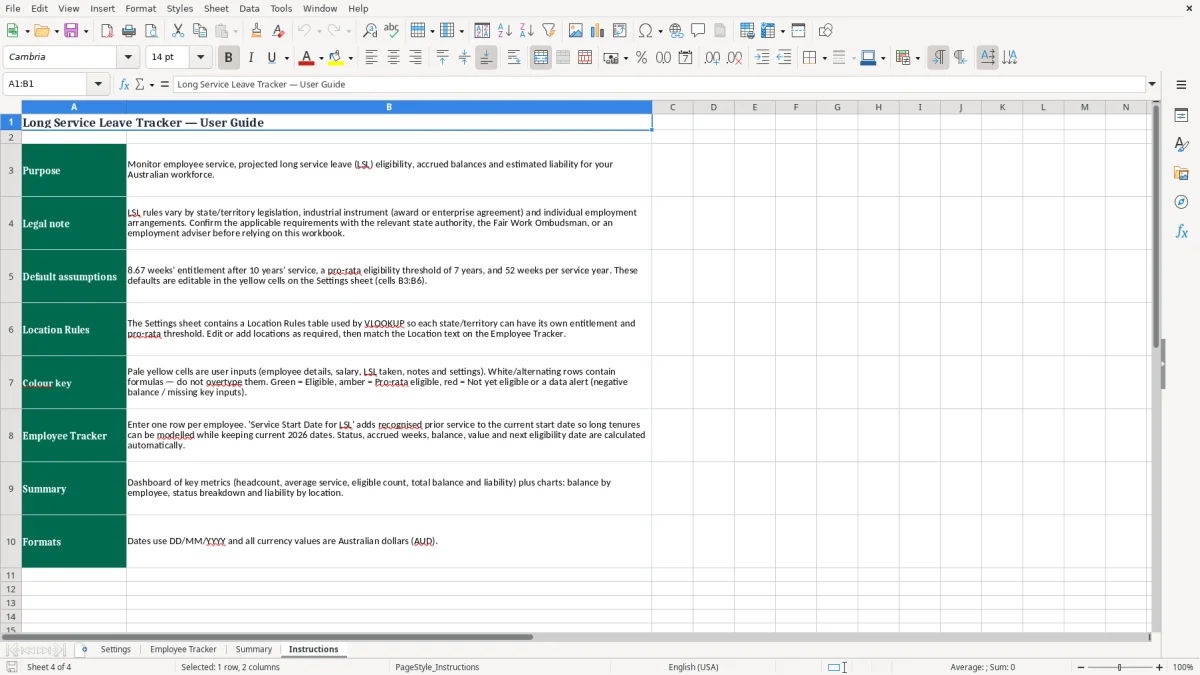 Screenshot 4: Instructions tab - Excel template long service leave tracker excel spreadsheet australia