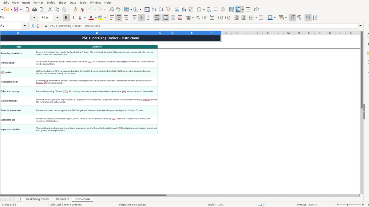 Screenshot 3: Instructions tab - Excel template p and c fundraising tracker excel template australia