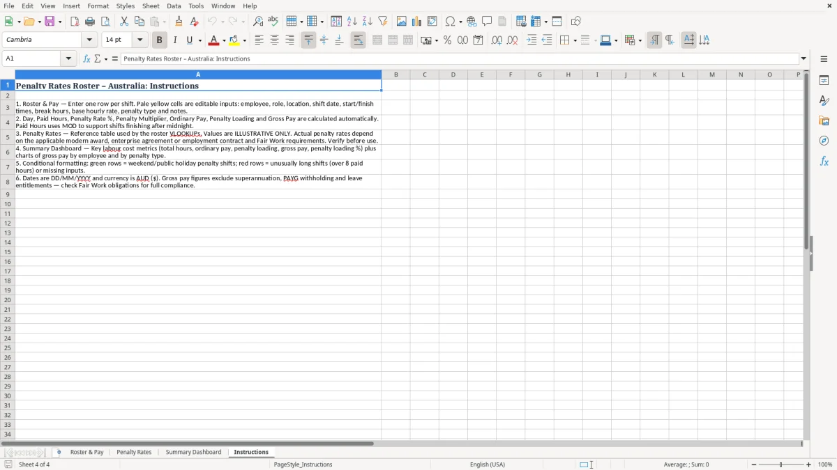 Screenshot 4: Instructions tab - Excel template penalty rates roster excel spreadsheet australia
