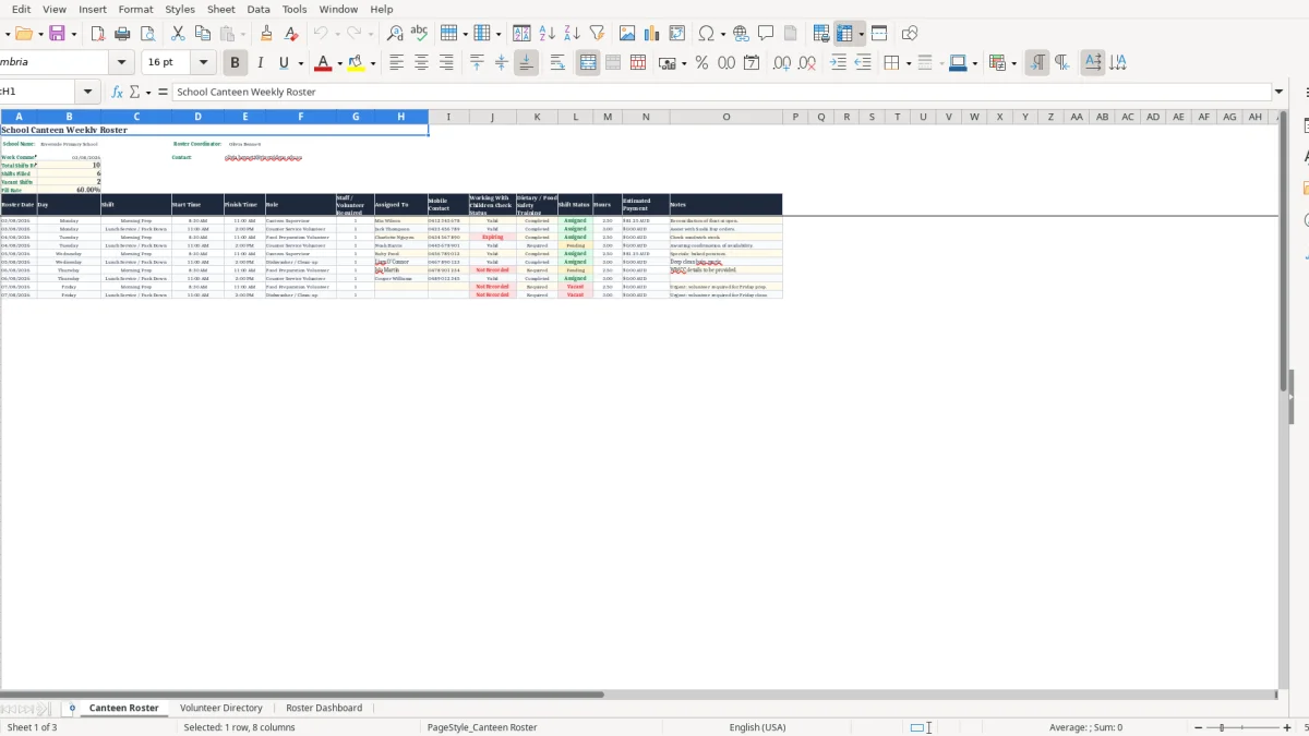 Screenshot 1: Canteen Roster tab - Excel template school canteen roster excel template australia