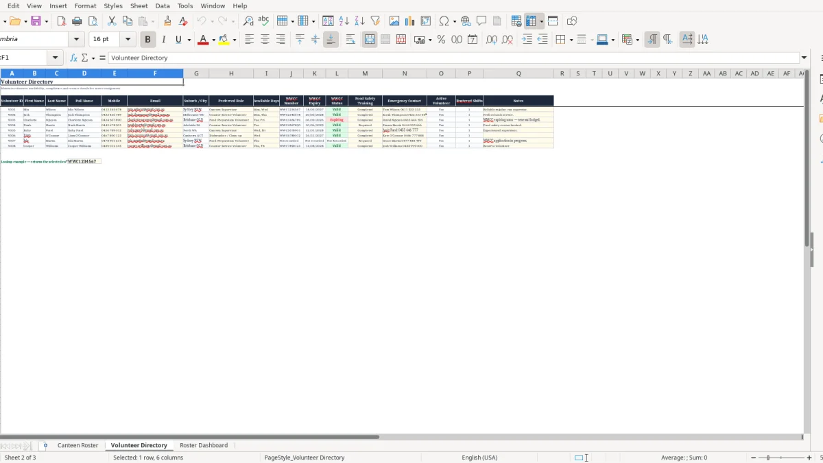 Screenshot 2: Volunteer Directory tab - Excel template school canteen roster excel template australia
